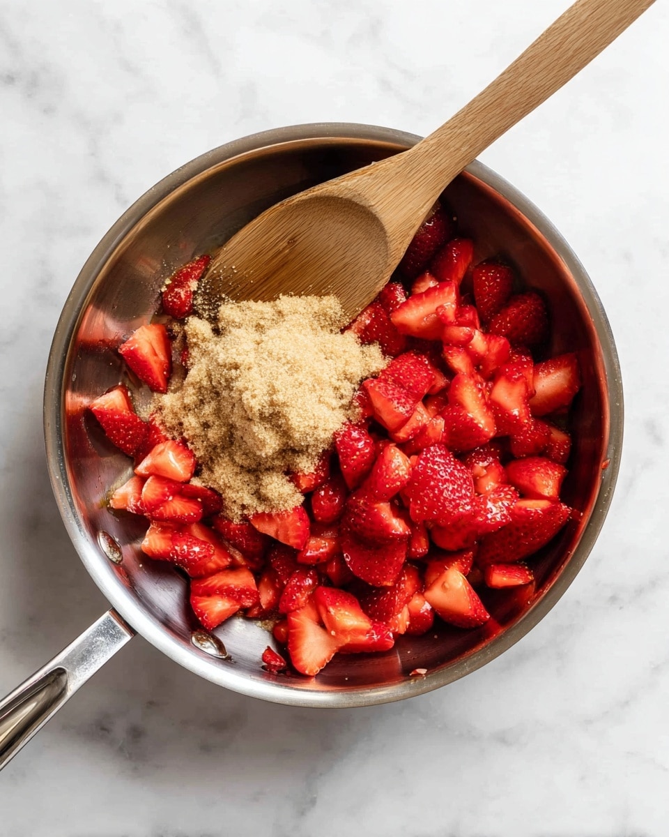 A shiny silver pan holds bright red chopped strawberries piled mostly on the right side, with a mound of light brown sugar sitting on top of part of the strawberries closer to the center. A wooden spoon with a smooth, light brown texture lies inside the pan, resting diagonally from the top left edge towards the center. The pan is placed on a white marbled surface that shows faint gray veins. photo taken with an iphone --ar 4:5 --v 7