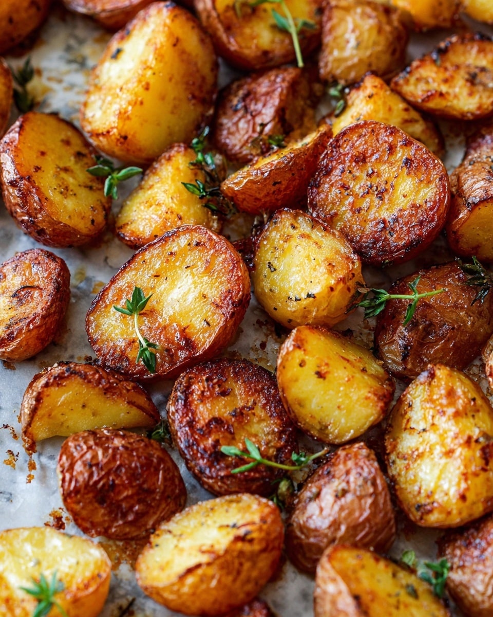 The image shows many pieces of roasted potatoes with a crispy, brown skin and golden-yellow inside. The potatoes are cut into halves or smaller chunks, each piece having a slightly rough texture with some parts browned more than others. Small green herb leaves and tiny stems are sprinkled on top, adding a fresh touch. The potatoes are on a baking tray that rests on a white marbled surface. The image focuses closely on the potatoes, showing their crunchy outside and soft inside clearly. photo taken with an iphone --ar 4:5 --v 7
