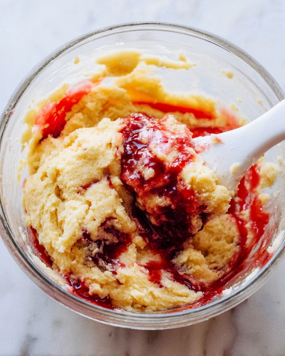 The image shows a close-up of a glass bowl containing a mixture with two main layers. The base layer is a light yellow soft dough with a slightly crumbly texture, filling most of the bowl. Swirled throughout the dough is a bright red jam that has a shiny, sticky appearance. A white silicone spatula is partially dipped into the mixture on the right side of the bowl, lifting some of the dough and jam together. The background features a white marbled texture. photo taken with an iphone --ar 4:5 --v 7