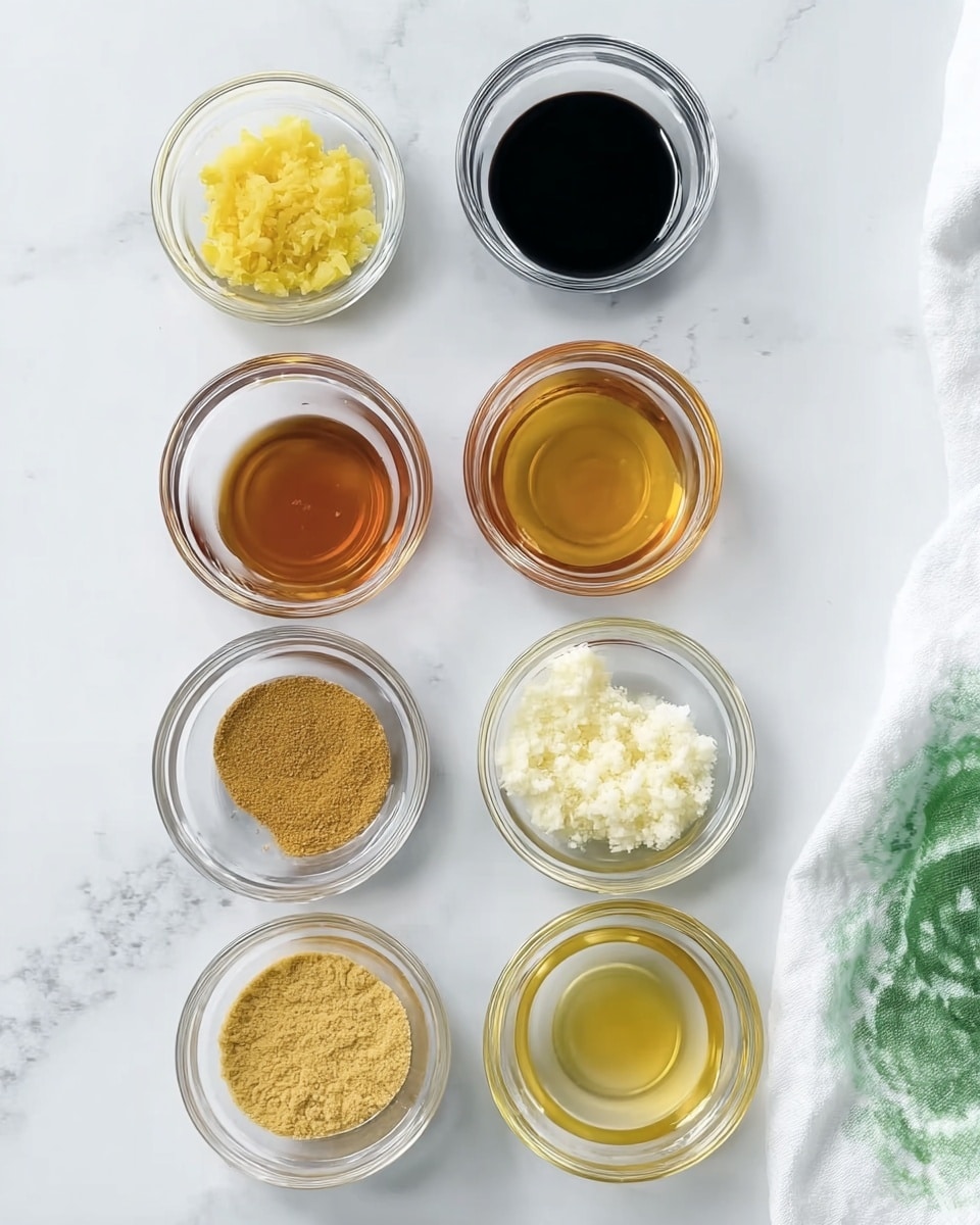 The image shows eight small clear glass bowls arranged in two vertical columns on a white marbled surface. The left column from top to bottom contains a dark black liquid, finely chopped bright yellow ginger, a golden amber liquid, and a light brown powder. The right column from top to bottom has a white powdery substance, a light yellow chunky mixture, a clear liquid, and a slightly lighter amber liquid. Part of a white cloth and a green and white patterned cloth are visible at the bottom right corner. Photo taken with an iphone --ar 4:5 --v 7