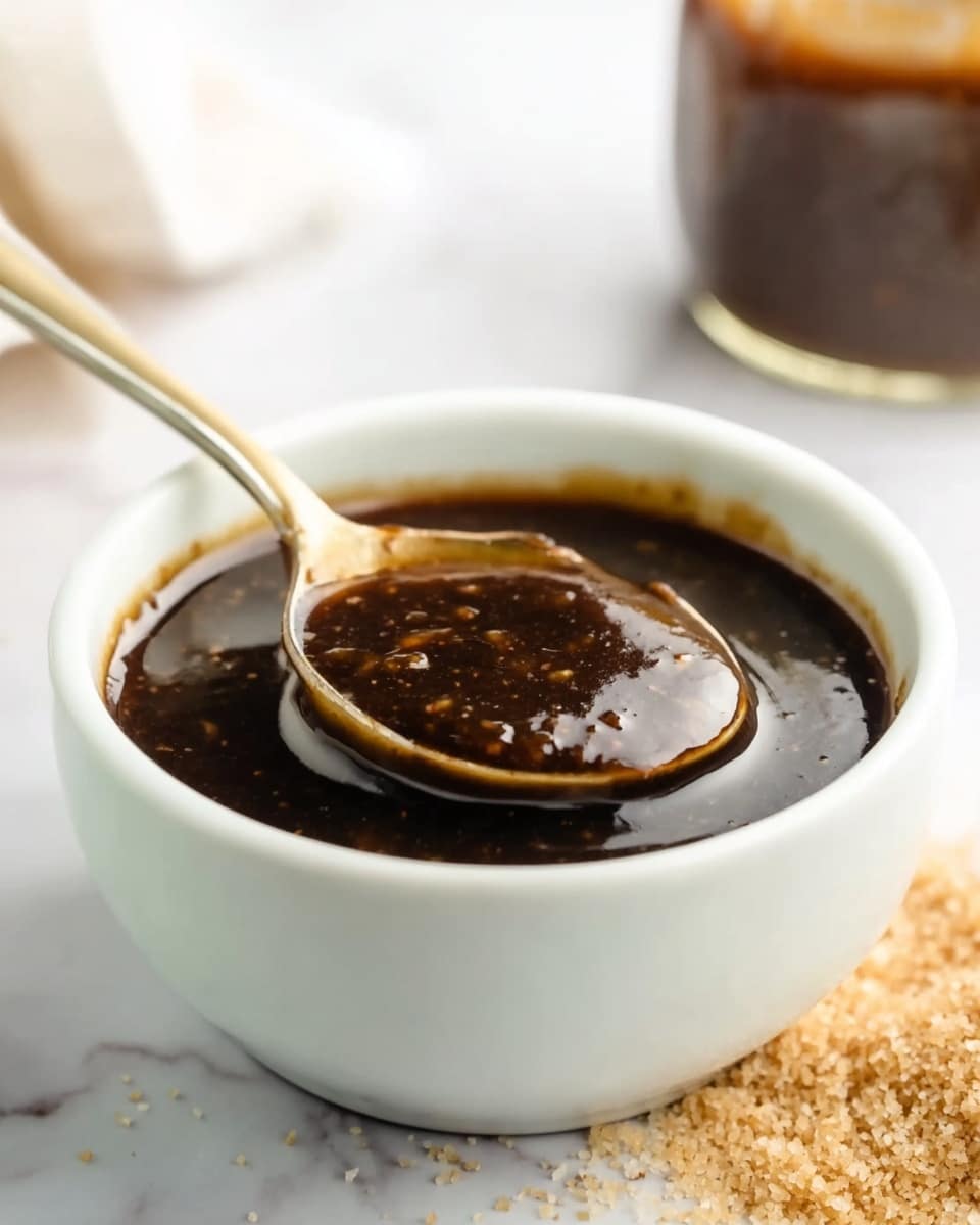A close-up shot shows a shiny dark brown thick sauce with small bits floating in it, pouring slowly from a white spoon into a white bowl filled with the sauce. The sauce has a smooth, glossy texture with a rich dark color. The background is a white marbled texture. Photo taken with an iphone --ar 4:5 --v 7