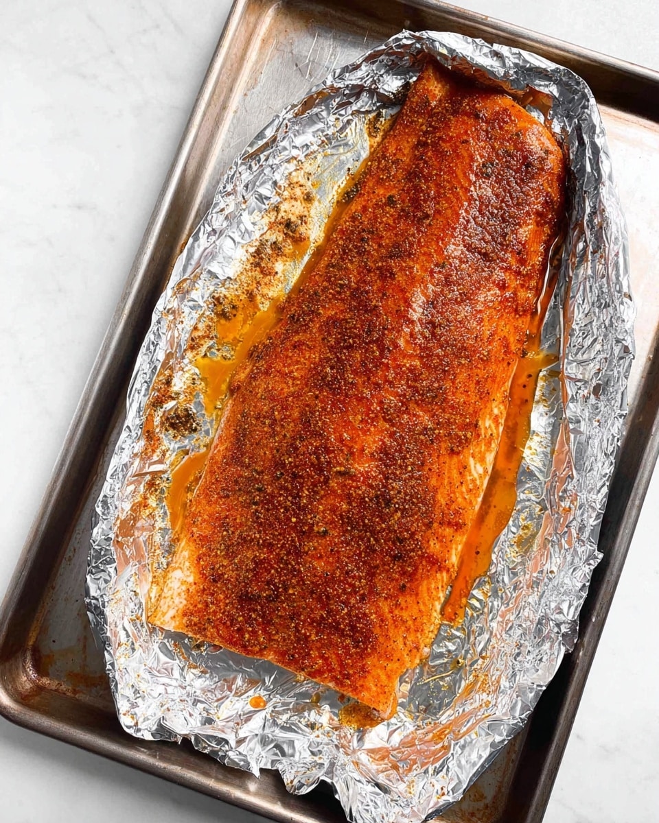 A large salmon fillet lies on a piece of crinkled aluminum foil shaped into a boat on a silver baking tray. The salmon is fully covered with a thick, even layer of reddish-orange seasoning mixed with herbs and spices, giving its surface a rough, textured look. The foil edges are folded upwards, holding the fish and some orange oils that have seeped out, contrasting with the shiny silver foil. The baking tray is simple and metallic, placed on a white marbled surface. The lighting shows the rich color and texture of the seasoned fish clearly photo taken with an iphone --ar 4:5 --v 7