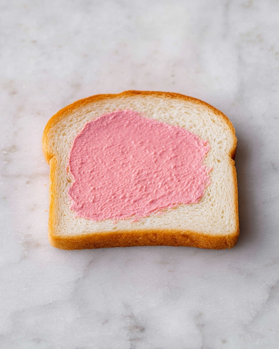 A single slice of white bread lies flat on a white marbled surface. On top of the bread, there is one smooth, thin layer of pinkish spread, slightly uneven in thickness, covering part of the bread's center. The bread crust is light brown, and the inside is soft and white with a fine grain texture. The overall scene shows a simple, minimal composition with no other objects nearby. photo taken with an iphone --ar 4:5 --v 7