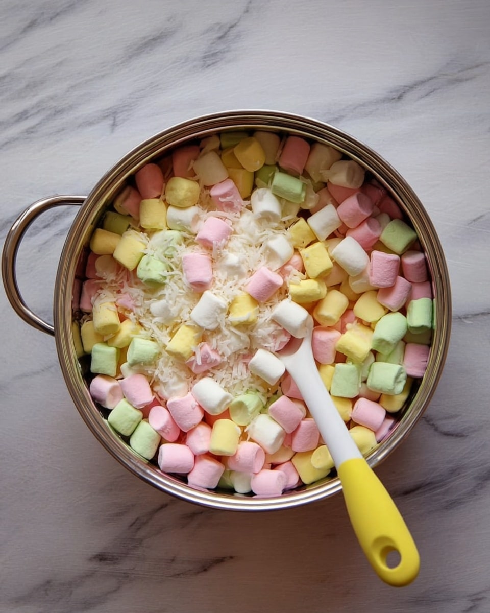 A silver pot filled with small, soft pastel marshmallows in colors like pink, green, yellow, and white, topped with a layer of white shredded coconut flakes. A yellow spoon with a white handle rests inside the pot, which is placed on a white marbled surface. photo taken with an iphone --ar 4:5 --v 7
