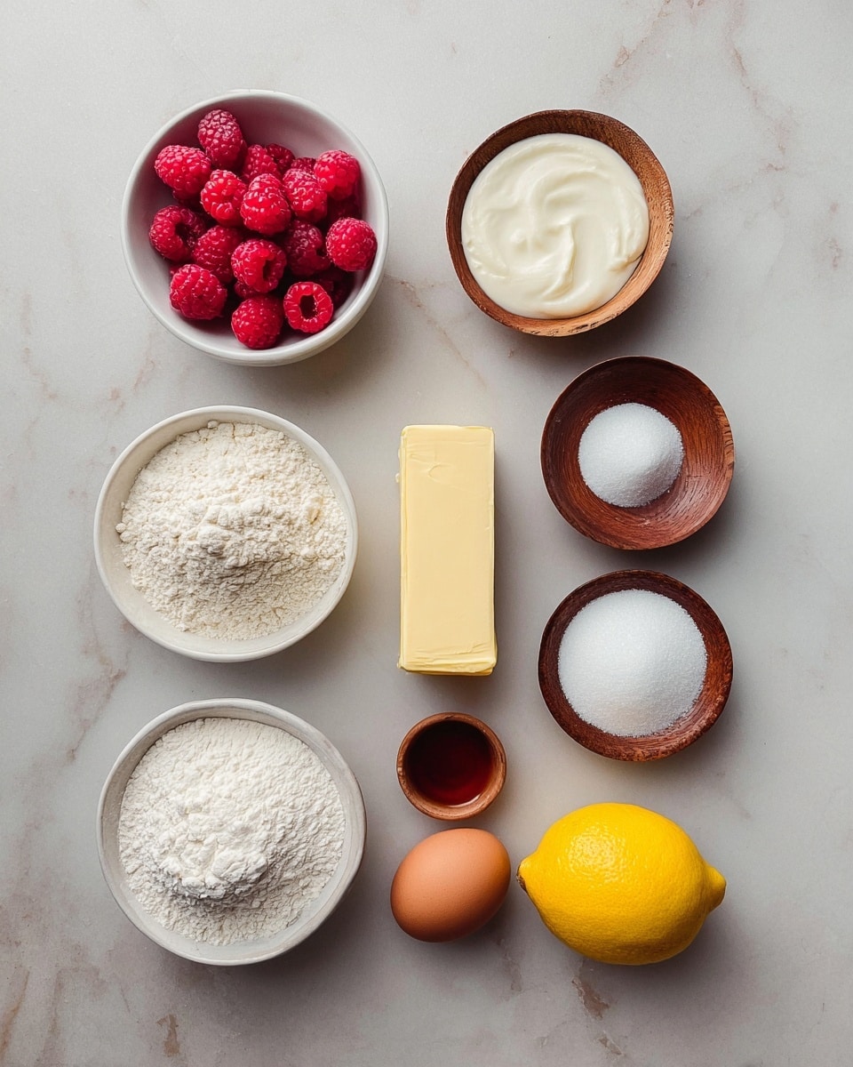 The image shows a neat arrangement of baking ingredients on a white marbled surface. There are two white bowls with red raspberries and cream, and three small wooden bowls containing white powdered sugar, baking soda, and vanilla extract. A stick of butter is placed vertically in the middle. Below it, there is one brown egg and a bright yellow lemon to the right of the butter. On the left side, two more white bowls hold flour and white sugar. The colors range from bright red raspberries to white powders, yellow lemon, and brown eggs and bowls. The objects create a tidy, balanced layout with clear textures. Photo taken with an iphone --ar 4:5 --v 7