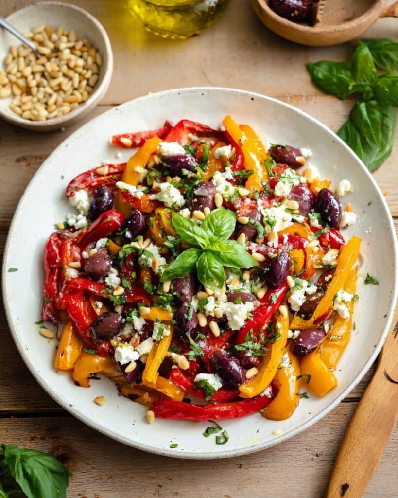 Roasted Pepper Salad with Feta, Pine Nuts & Basil Recipe