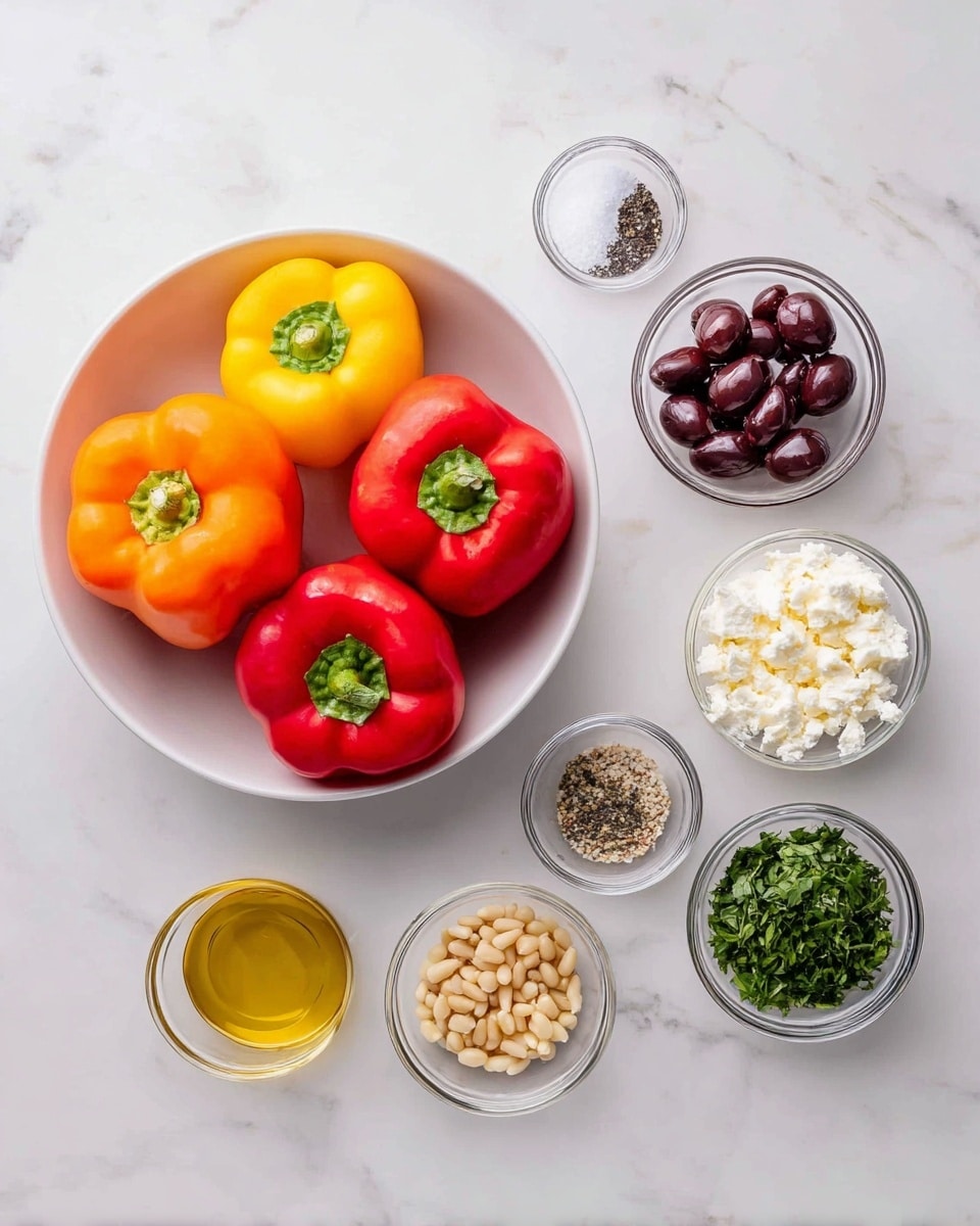 A white bowl filled with four whole bell peppers in bright colors: one yellow, two red, and one orange, placed on a white marbled surface. To the right of the bowl, there are ten small clear glass bowls arranged in three rows containing different ingredients: whole pine nuts, dark purple olives, coarse salt, ground black pepper, fine salt, chopped garlic, crumbled white cheese, olive oil, red vinegar, dried oregano, and chopped fresh green herbs. The arrangement is neat and clean, showing all ingredients separately and clearly. photo taken with an iphone --ar 4:5 --v 7
