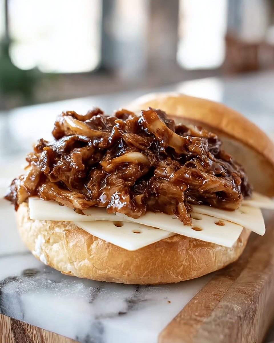 The image shows a sandwich with three main layers. The bottom layer is a light brown bun that looks soft. On top of the bun is a layer of white cheese slices with small holes. The top layer is a heap of dark brown shredded meat mixed with a shiny sauce that looks thick and sticky. The sandwich is on a white marbled surface with a blurred background. photo taken with an iphone --ar 4:5 --v 7
