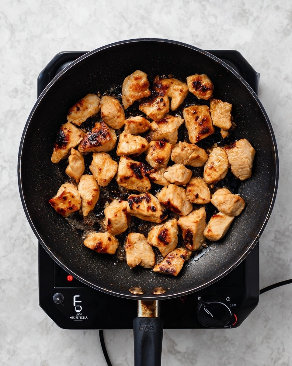 A black frying pan filled with about twenty small to medium pieces of cooked chicken, each piece browned nicely with some dark grill marks and a slightly oily surface, scattered evenly inside the pan. The frying pan is placed on a small black electric stove with a visible temperature dial showing a number five. The background is a white marbled texture. photo taken with an iphone --ar 4:5 --v 7