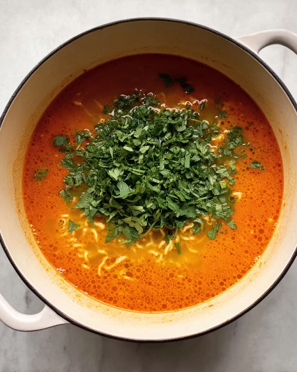A white pot filled with bright orange soup that has a slightly oily surface, showing some small bubbles and soft cooked noodles visible under the broth. On top, there is a large pile of fresh green chopped herbs, covering the middle part of the soup. The pot is placed on a white marbled surface. photo taken with an iphone --ar 4:5 --v 7