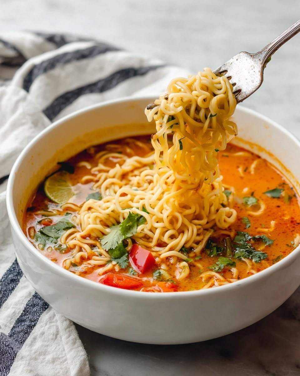 A white bowl filled with hot noodle soup sits on a white marbled surface. The soup has a rich, orange-red broth with visible green herbs and lime slices floating on top. Curly yellow noodles fill the bowl, with some lifted up by a silver fork, showing their steaming softness and texture. Pieces of red and green vegetables are mixed in the broth, adding color contrast to the dish. The background includes a soft white cloth with navy blue stripes, slightly blurred, keeping focus on the bowl. photo taken with an iphone --ar 4:5 --v 7
