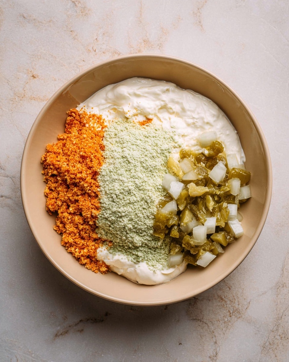 A beige bowl placed on a white marbled surface shows four separate ingredients layered inside. On the bottom left is a thick white creamy layer. Above it on the left is a bright orange crumbly layer. Right above the creamy layer in the center is a pale green powdery layer, and on the top right, there are small cubed bits of green and white pickles. The ingredients fill the bowl in a roughly circular arrangement, each distinct in color and texture. Photo taken with an iphone --ar 4:5 --v 7
