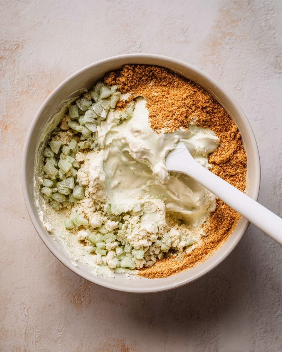 A bowl filled with several layers of ingredients before mixing, placed on a white marbled texture surface. The bowl is white and contains three main visible layers: chopped small pale green pieces at the bottom left, a powdery light green layer covering much of the top and center, and an orange-brown powdery layer on the right side. On top, there is a creamy white dollop spread mostly in the center, partially covering the powders. A white spatula is resting inside the bowl, touching the creamy layer. The scene looks plain and natural with soft lighting. photo taken with an iphone --ar 4:5 --v 7