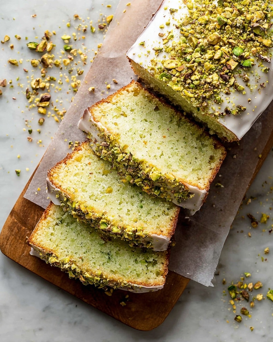 A loaf cake is sliced into four pieces and placed on a wooden board with a piece of translucent paper underneath. The cake's inside is light green and fluffy with small textured air holes. The top layer of the cake is covered with a white icing, sprinkled generously with crushed pistachios that add a rough, nutty texture. More crushed pistachios are scattered around the board on a white marbled surface. Photo taken with an iphone --ar 4:5 --v 7
