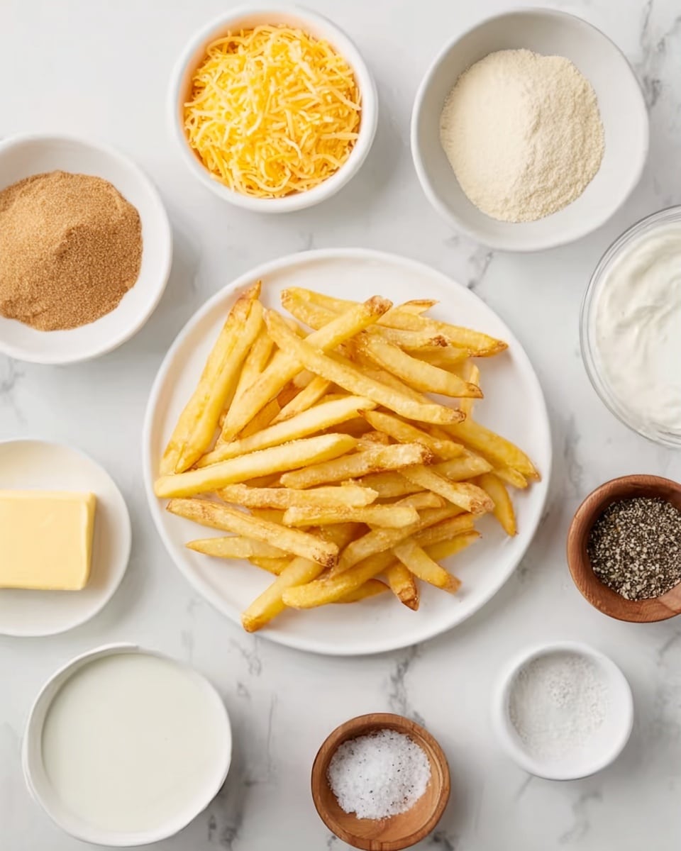 A white round plate in the center holds a pile of golden-yellow French fries with some edges slightly browned, giving a crispy look. Around the plate, there are small white bowls arranged in a neat circle on a white marbled surface: one bowl has light orange shredded cheese, another contains a pale beige heap of brown sugar, and a third bowl holds a small pale yellow square of butter. There are also bowls with white flour, white creamy sauce with black specks, and a white liquid, along with two small wooden bowls that contain white salt and ground black pepper. The whole layout is clean and well-organized, bright in color and soft lighting, photo taken with an iphone --ar 4:5 --v 7