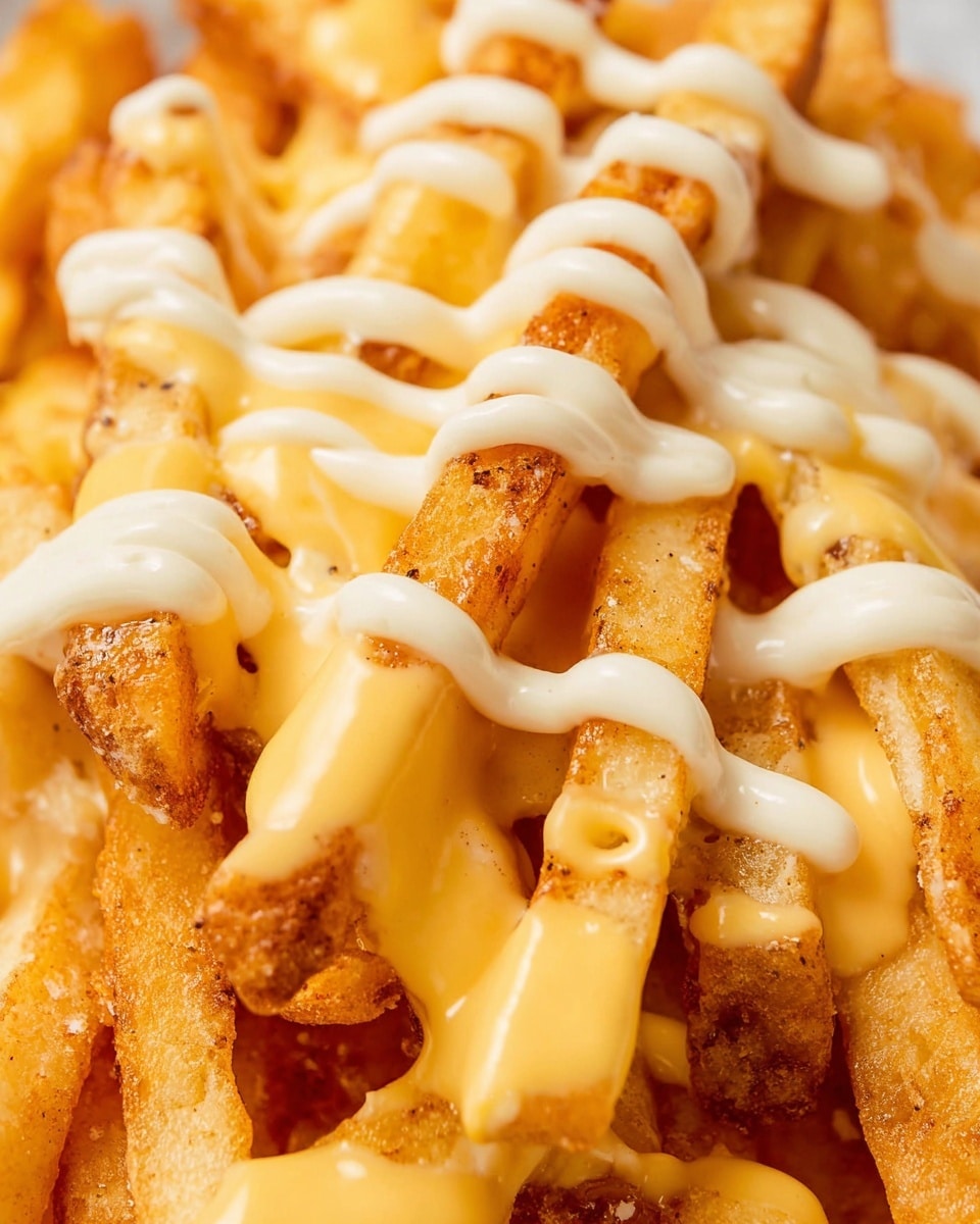 This close-up image shows a pile of golden brown fries covered with two sauces, one creamy yellow cheese sauce thickly drizzled over the fries, and a lighter white sauce swirled more thinly in irregular lines. The fries are crispy with a rough texture, and the sauces add smooth, shiny spots across the fries. The fries are stacked in a loose, overlapping way, creating a layered look with the sauces blending together on top. The photo was taken with an iphone --ar 4:5 --v 7