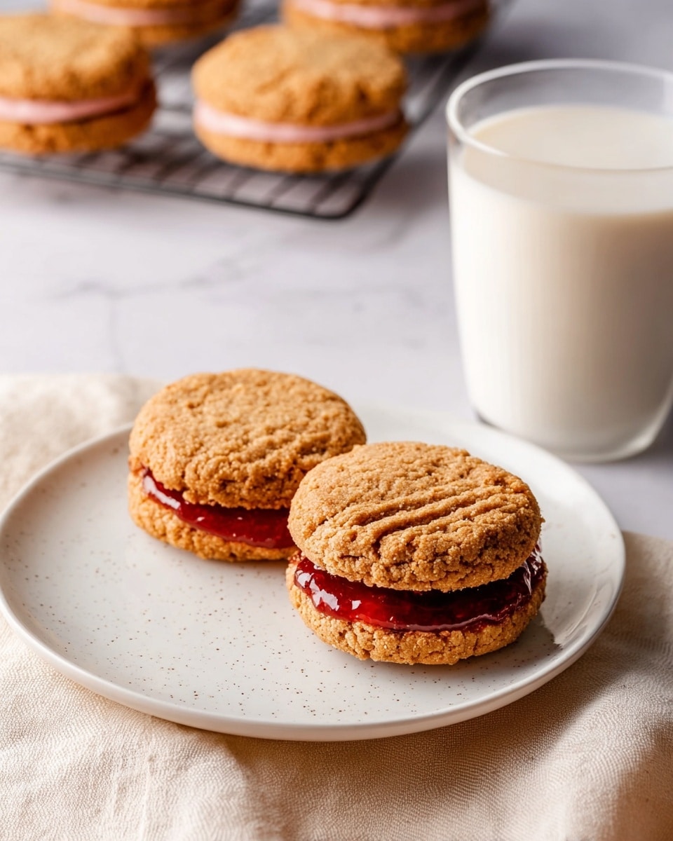 Two round light brown sandwich cookies with a rough textured surface sit side by side on a white plate with tiny dark specks. The cookies are filled with bright red jam that slightly oozes out between the layers. The plate is placed on a soft beige cloth, and a white ceramic cup filled with milk is near the plate on a white marbled surface. In the blurry background, more cookies rest on a cooling rack. photo taken with an iphone --ar 4:5 --v 7