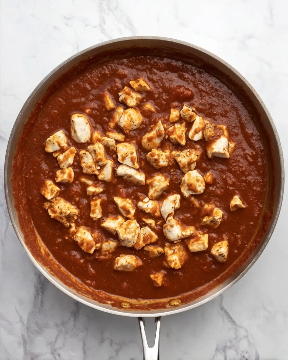 A silver pan filled with dark red tomato sauce, thick and smooth in texture, covering the bottom and sides. On top of the sauce, there are many small pieces of cooked white chicken with a slightly browned surface scattered evenly across the pan. The pan has a shiny handle visible on the upper right side, and the background shows a white marbled texture. photo taken with an iphone --ar 4:5 --v 7