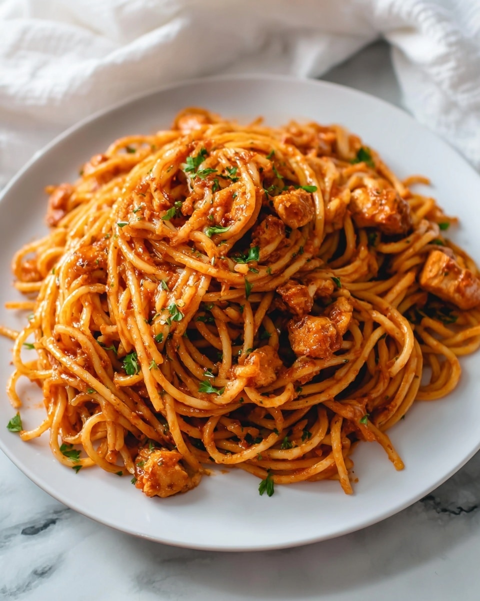 A white plate holds a pile of spaghetti noodles mixed with small, tender pieces of chicken covered in a rich, shiny orange-red sauce. The noodles are twisted and layered unevenly, soaking up the sauce, and garnished with small bits of green herbs scattered evenly across the dish. The plate rests on a white marbled surface with a soft, white cloth visible in the background. photo taken with an iphone --ar 4:5 --v 7