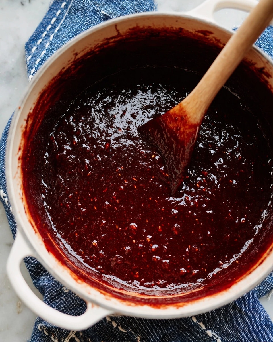 A close view of a white pot filled with thick dark red sauce that looks shiny and textured with small pieces visible in it, a wooden spoon is stirring the sauce, and some of the sauce is splashed on the pot's rim, the pot is on a blue cloth with white stitches, all placed on a white marbled surface photo taken with an iphone --ar 4:5 --v 7