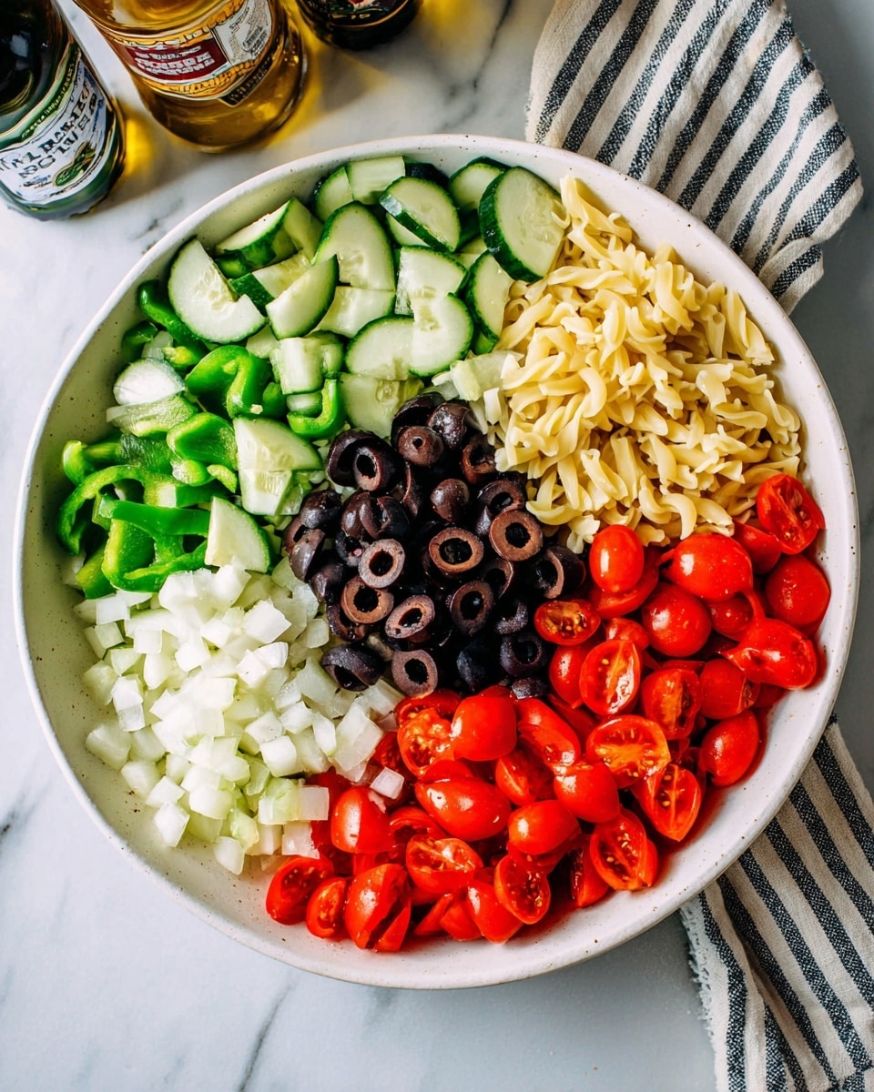 A large white bowl sits on a white marbled surface with a striped cloth nearby, filled with six distinct layers of chopped ingredients neatly arranged side by side. Starting from the left, there are thin, curved slices of light green cucumber with dark green edges, followed by small green bell pepper chunks with a glossy texture. In the center, there is a mound of shiny black olive slices, surrounded on one side by finely chopped white onions and pale yellow pasta noodles underneath. On the opposite side next to the olives, there are bright red halved cherry tomatoes with a juicy look. Two bottles are partially visible at the top left corner. Photo taken with an iphone --ar 4:5 --v 7