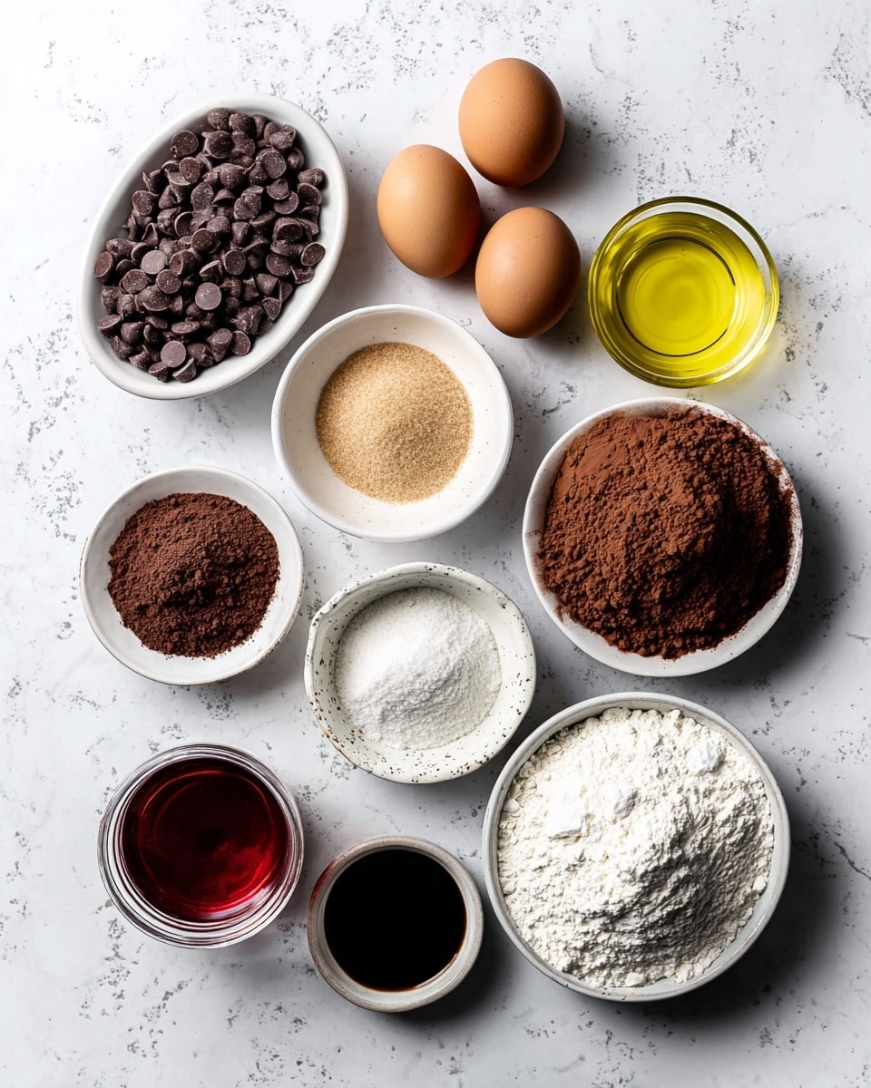 This image shows a flat lay of ingredients on a white marbled surface. There are ten items arranged in a loose oval shape: at the top left, a white bowl filled with dark chocolate chips; to the right, a small glass cup with yellow oil; below that, three brown eggs side by side; near the eggs, a shallow white bowl with light brown soft sugar; below the sugar, a small bowl with dark vanilla liquid; center bottom is a larger white bowl filled with white flour; to the left of the flour, a small glass jar with red liquid; above the red liquid, a white bowl of dark brown cocoa powder; above that, a white bowl of medium brown unsweetened cocoa powder; and near the center, a small round bowl with white baking powder. The overall color scheme mixes whites, browns, and dark tones, all placed neatly for an ingredient overview photo taken with an iphone --ar 4:5 --v 7