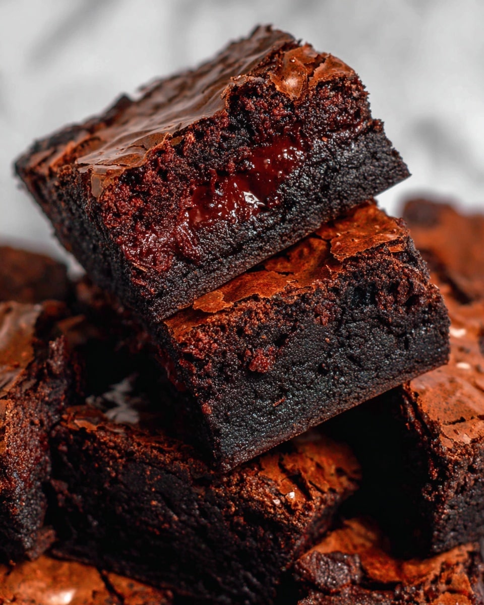 The image shows several brownies stacked close together, each with one or two visible layers. The top layer is a shiny, cracked dark brown crust that looks slightly crisp. Below this, a moist, dense, and dark chocolate layer is visible, filled with a middle layer of melted chocolate that appears creamy and smooth. The brownies have a rich, almost blackish-brown color with rough but inviting textures on the sides and bottom. They are set against a white marbled surface. photo taken with an iphone --ar 4:5 --v 7