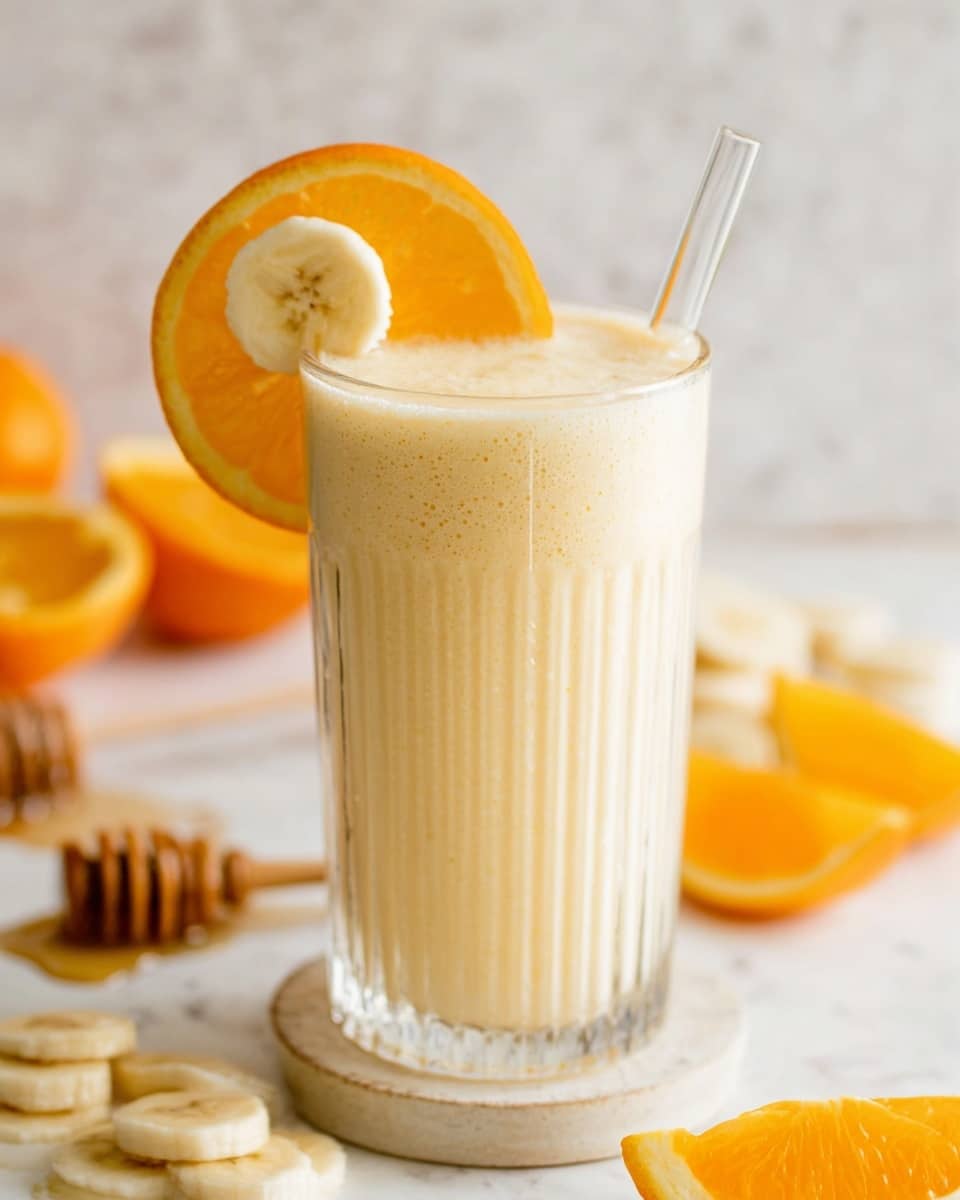 The image shows a tall, clear ribbed glass filled with a creamy pale yellow smoothie. On the rim of the glass, there is a thin slice of bright orange and a small round slice of banana placed next to each other. Inside the glass, a clear straw is visible, standing upright. Around the base of the glass, on a beige coaster, there are several banana slices. In the background, there are bright orange slices in a white bowl and some scattered orange pieces on the white marbled surface. A wooden honey dipper with honey drips rests in the foreground near the glass. In the far background, a glass jar is partially visible, containing a white liquid. The overall scene is bright and fresh. photo taken with an iphone --ar 4:5 --v 7