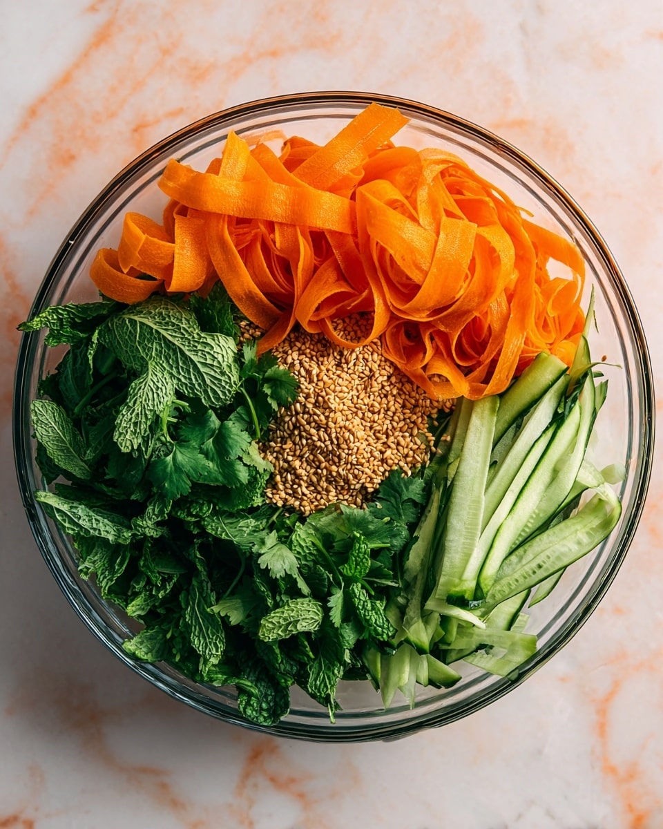 A clear glass bowl on a white marbled surface holds a fresh salad with five visible sections inside. The first section, taking almost half the bowl on the left side, has wide, thin orange carrot ribbons with a smooth, slightly curled texture. Next to it is a small group of bright green cilantro leaves, layered densely with a slightly crinkled look. Above the cilantro is a pile of dark green mint leaves, fresh and textured with distinct vein patterns. To the right of the mint, thin, long, pale green cucumber ribbons are folded delicately. In the center of the bowl, there is a small mound of light brown sesame seeds that add a crunchy texture contrast. Photo taken with an iphone --ar 4:5 --v 7