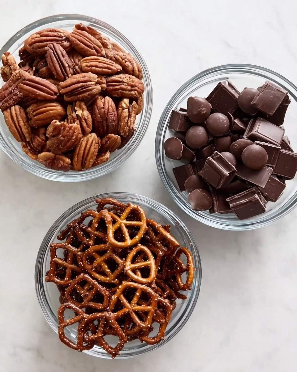 Three clear glass bowls sit on a white marbled surface. The bowl on the top left is filled with medium-brown pecan halves showing their textured grooves. The bowl on the top right holds smooth, round dark chocolate chunks with a glossy finish. The bowl at the bottom contains small, square, dark brown pretzels with a lattice pattern and a shiny surface. photo taken with an iphone --ar 4:5 --v 7