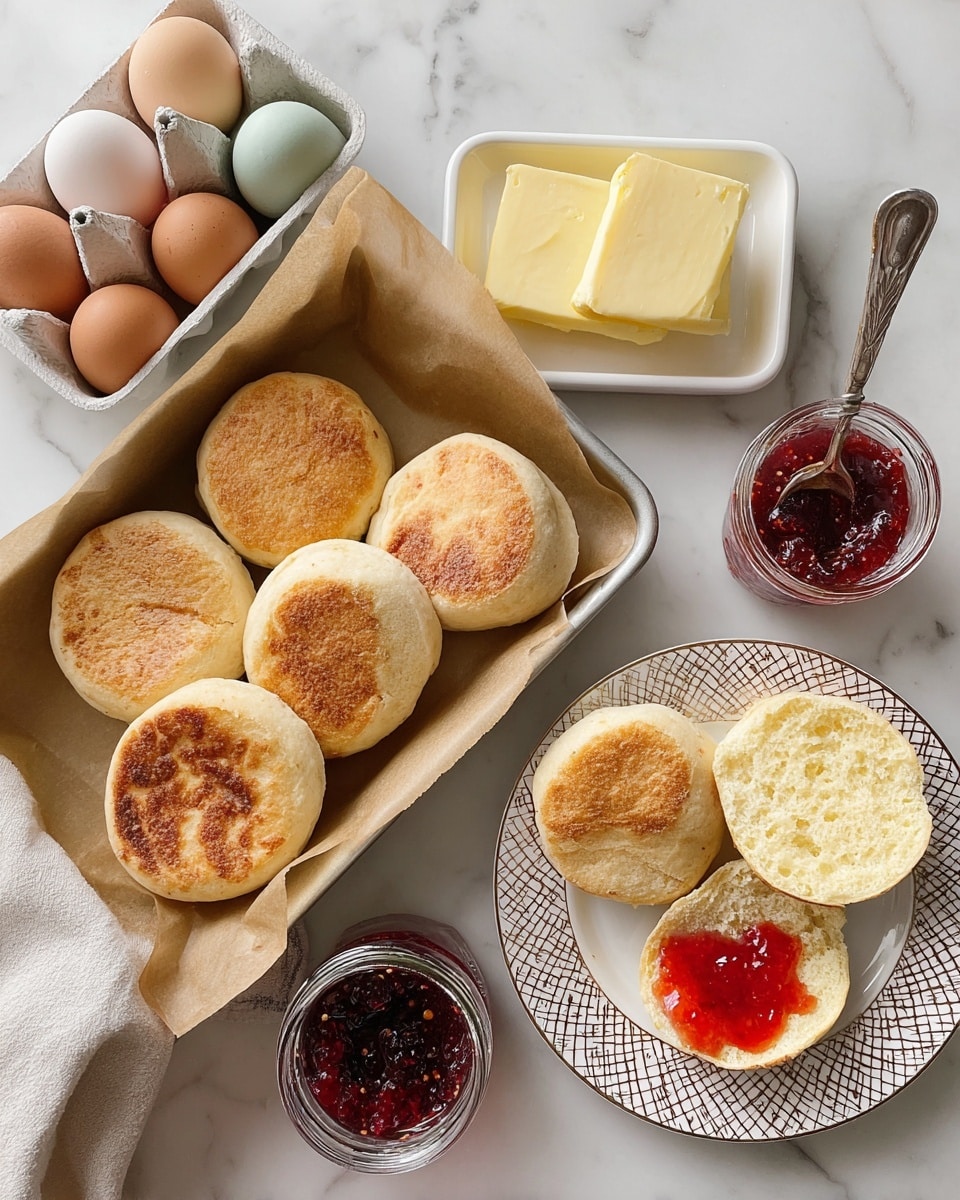 The image shows a white baking tray lined with brown parchment paper holding five golden-brown English muffins that are slightly puffed and soft with a light toasted bottom. To the right, on a white plate with a lattice pattern, are three English muffins: one whole, one split open revealing a light yellow, fluffy inside, and the third with a bite taken out and spread with bright red jelly. Above, a rectangular white dish holds a block and slices of pale yellow butter, with a silver butter knife resting beside them. On the upper left, a white egg carton contains eggs of different colors including brown, pale blue, and cream. Below, a glass jar with red jelly is open with some jelly on a silver spoon resting on the jar’s lid. Everything is placed on a white marbled surface. photo taken with an iphone --ar 4:5 --v 7