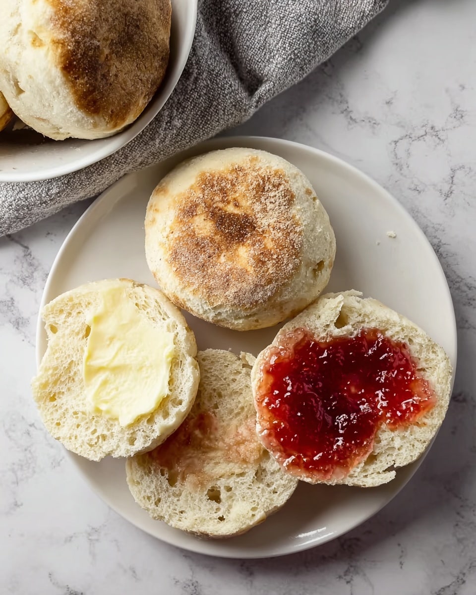 A white plate with three English muffins on a white marbled surface. One muffin is whole and golden brown on top with a slightly rough texture, placed palm down on the plate. The other two muffins are open, showing soft, fluffy insides with a light beige color. One split piece has a smooth layer of light butter spread evenly, while the other has bright red jelly spread on it, adding a shiny and slightly translucent texture on the top half. A white bowl with a gray cloth holds more muffins at the top left corner. The whole scene has soft natural light, highlighting the texture of the muffins and the smooth, clean white marbled surface. photo taken with an iphone --ar 4:5 --v 7