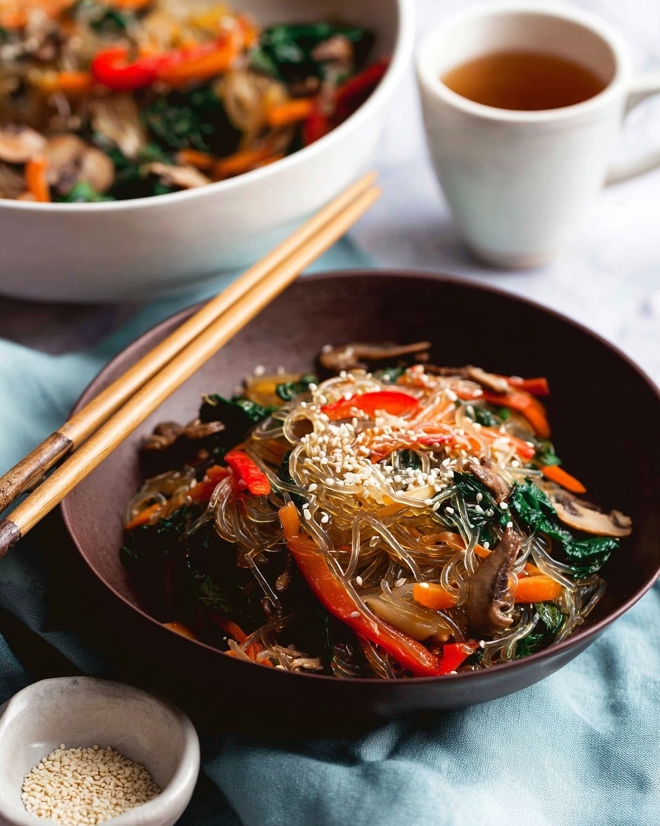 The image shows a close-up of a dark brown bowl filled with translucent glass noodles mixed with thin, bright orange carrot strips, dark green leafy vegetables, light brown sliced mushrooms, and small pieces of red pepper. The top layer is sprinkled with white sesame seeds, and a pair of light wooden chopsticks rest on the bowl's edge. Behind it, a large white bowl with a similar noodle dish is blurred out. In front, there is a white cup with a brown liquid, and a small white dish with more sesame seeds. The bowls and dishes sit on a light blue cloth over a white marbled surface. photo taken with an iphone --ar 4:5 --v 7