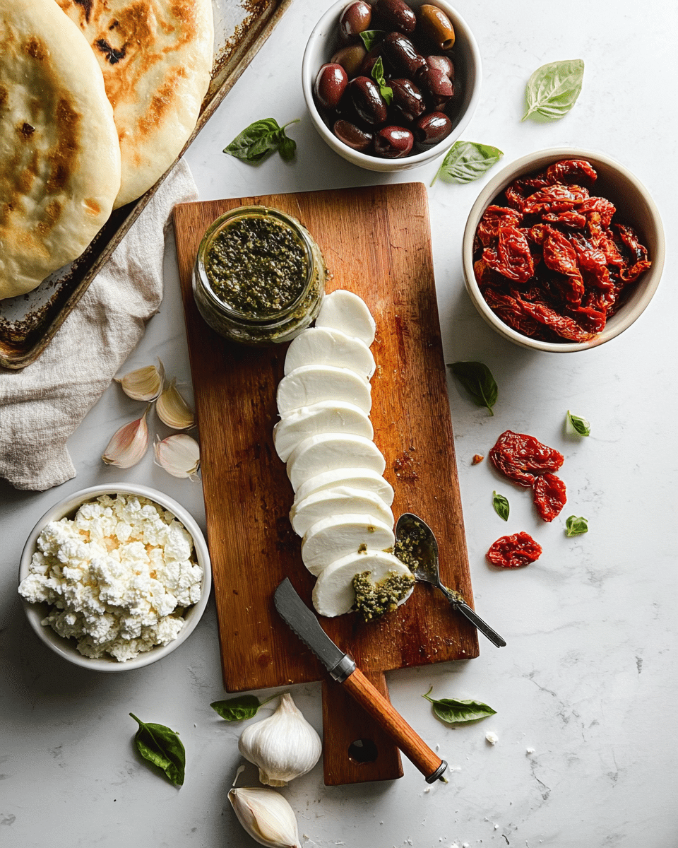 A wooden cutting board holds seven layers of thick white mozzarella slices arranged neat in a vertical line, along with a round white bowl filled with green pesto covered with a silver spoon placed on the right side of the board; scattered around the board are three bright red dried tomato pieces, small green basil leaves, and white garlic cloves. To the upper left of the board is a white bowl filled with dark purple olives, and below it, a white bowl containing vivid red sun-dried tomatoes. A shiny knife with a brown handle rests diagonally across the center cutting board. At the bottom left, a white measuring cup filled with white crumbly cheese is placed alongside a shallot and a bulb of garlic. The entire scene is laid out on a white marbled textured surface with a sheet of flatbread on a baking tray in the upper left corner, all illuminated softly. Photo taken with an iphone --ar 4:5 --v 7