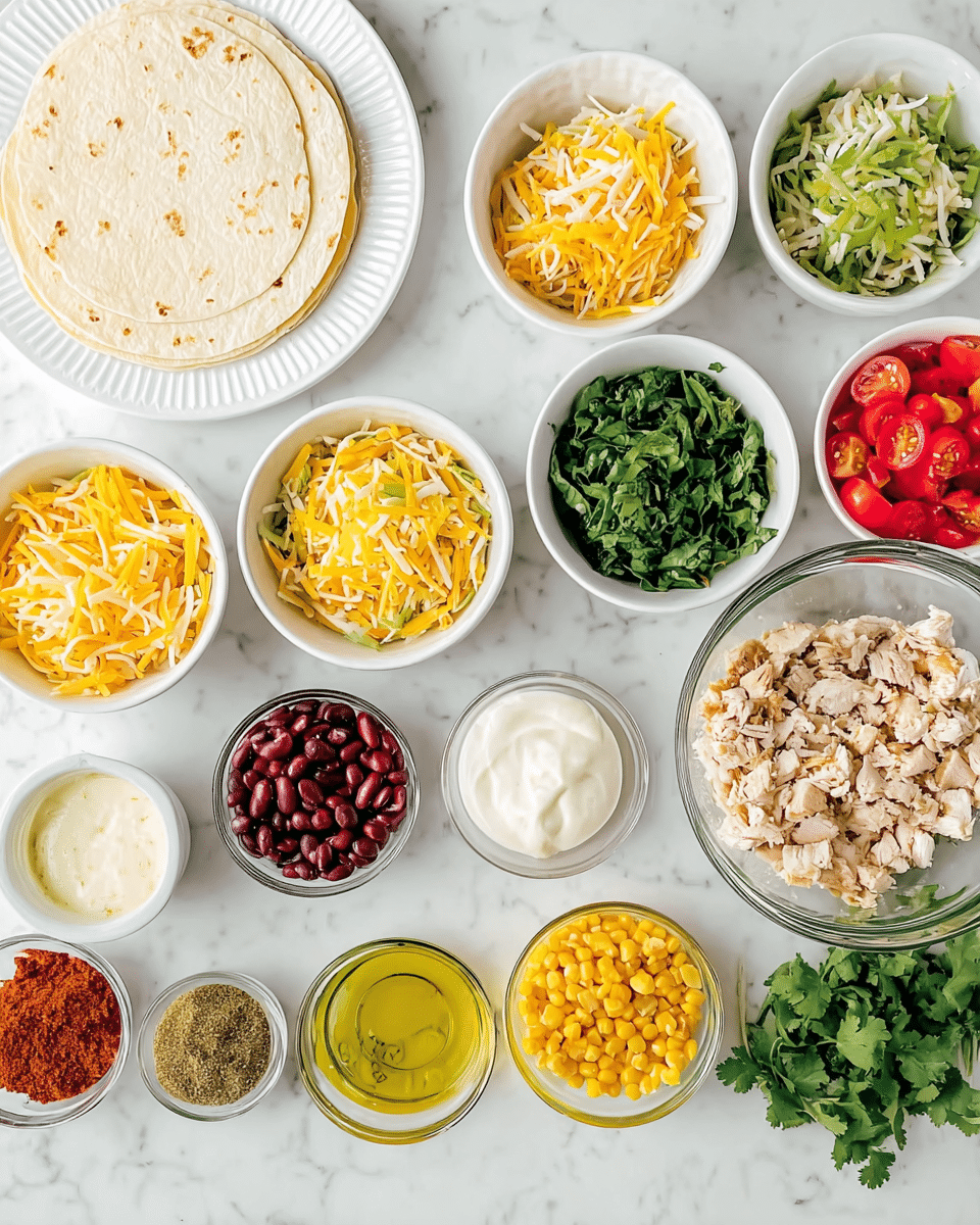 This image shows many small white bowls and one clear bowl arranged neatly on a white marbled surface. There are two soft white tortillas stacked on a white plate with ridged edges in the top left corner. The small bowls hold shredded yellow and white cheese, cooked chopped spinach, diced green chilies, finely chopped red tomatoes, creamy white sauce, fresh green cilantro leaves, olive oil, chopped cooked chicken pieces in the clear bowl, yellow corn kernels, red kidney beans, and a bowl of mixed spices. Each bowl's contents have different bright colors and textures, creating a fresh and organized visual. Photo taken with an iphone --ar 4:5 --v 7