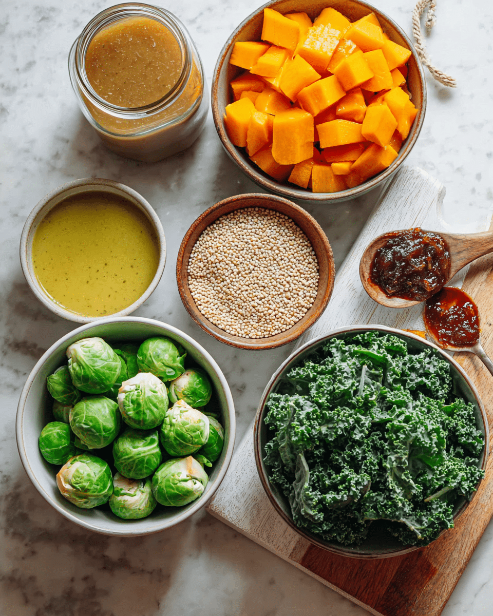 The image shows seven containers arranged on a white marbled surface, each holding different ingredients. There is a white bowl with bright green Brussels sprouts, some are whole while others are halved, placed at the lower left. Next to it on the right is a white bowl filled with bright orange chopped pumpkin pieces. Slightly above and to the right is a brown bowl filled with fresh, dark green curly kale leaves. At the center is a brown bowl holding small, round, light-colored quinoa grains. Toward the upper left, a small brown bowl contains a smooth yellowish-green sauce, placed on a white marbled cutting board with wooden edges. On the cutting board, there is also a small brown spoon holding a dark red-paste sauce. A glass jar filled with light brown broth is positioned to the far left. The whole setup is lit with soft natural light, and the colors of the ingredients are vibrant and fresh. photo taken with an iphone --ar 4:5 --v 7