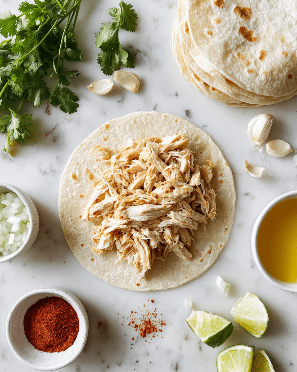 A single round tortilla lay flat in the center on a white marbled surface, topped with a generous layer of shredded light beige chicken. To the right, a stack of more tortillas is folded loosely, showing the soft texture and slight browning patches. Around the tortilla with chicken, various small white bowls hold different items: one has a clear yellow sauce, another filled with small diced white onions in liquid, and one more filled with red chili powder, some spilling onto the surface. Fresh green cilantro leaves and halved limes rest nearby, adding fresh green color. Scattered garlic cloves and bits of cilantro complete the scene, with no visible woman’s hand in the image. Photo taken with an iphone --ar 4:5 --v 7
