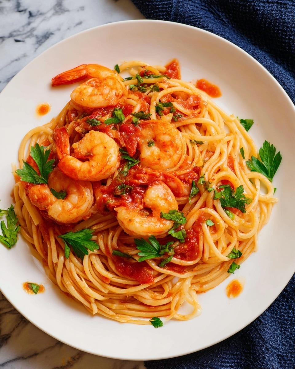 A white plate with a nest of thick spaghetti noodles in the center, lightly coated with red tomato sauce. On top and around the pasta are six cooked shrimp with a soft orange-pink color, some in curled positions. There are fresh parsley leaves scattered on the pasta and shrimp, adding bright green color. Small bits of herbs and sauce droplets surround the pasta on the plate. The plate sits on a white marbled surface with a dark blue cloth in one corner. Photo taken with an iphone --ar 4:5 --v 7