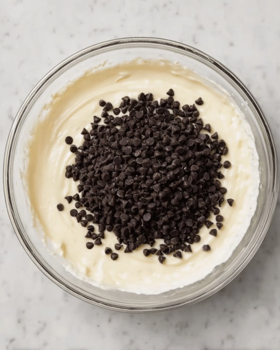 A clear glass bowl holds a smooth, light cream batter layered evenly, topped with a large pile of small, dark chocolate chips in the center. The bowl rests on a white marbled surface, and the texture of the batter looks soft and thick. The chocolate chips have a shiny texture and are clustered together, mostly covering the middle part of the batter. photo taken with an iphone --ar 4:5 --v 7