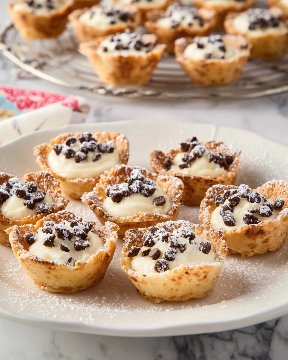 The image shows many small tartlets with one layer each: a golden brown, crispy crust forming a fluted edge filled with a smooth, creamy white layer of filling. Each tart is topped with several dark brown chocolate chips and dusted lightly with powdered sugar. They are laid out close together on a white marbled surface. The lighting is bright, highlighting the texture of the crust and the softness of the filling. photo taken with an iphone --ar 4:5 --v 7