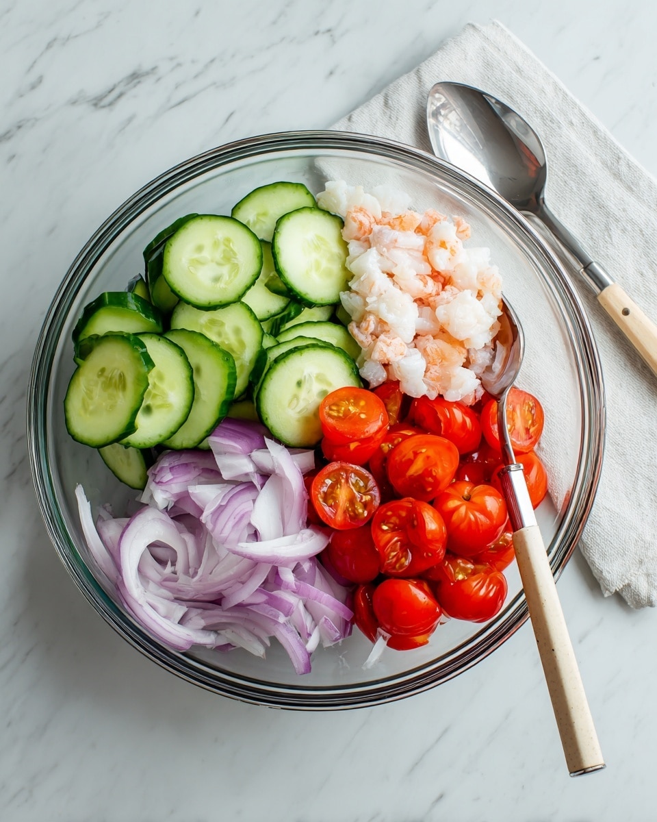 A clear glass bowl on a white marbled surface contains four separate layers of fresh ingredients. On the top left are bright green cucumber slices arranged in a neat pile, showing the light, watery texture inside each round slice. Next to them, at the top center, is a small mound of white and light orange seafood pieces. On the top right, there are thin slices of purple onion, with their layers visible and slightly curled. The bottom right section of the bowl holds a cluster of small, shiny red cherry tomatoes, some whole and others halved, showing their juicy, seed-filled inside. A silver spoon with a light wooden handle rests on a white cloth near the bowl. Photo taken with an iphone --ar 4:5 --v 7
