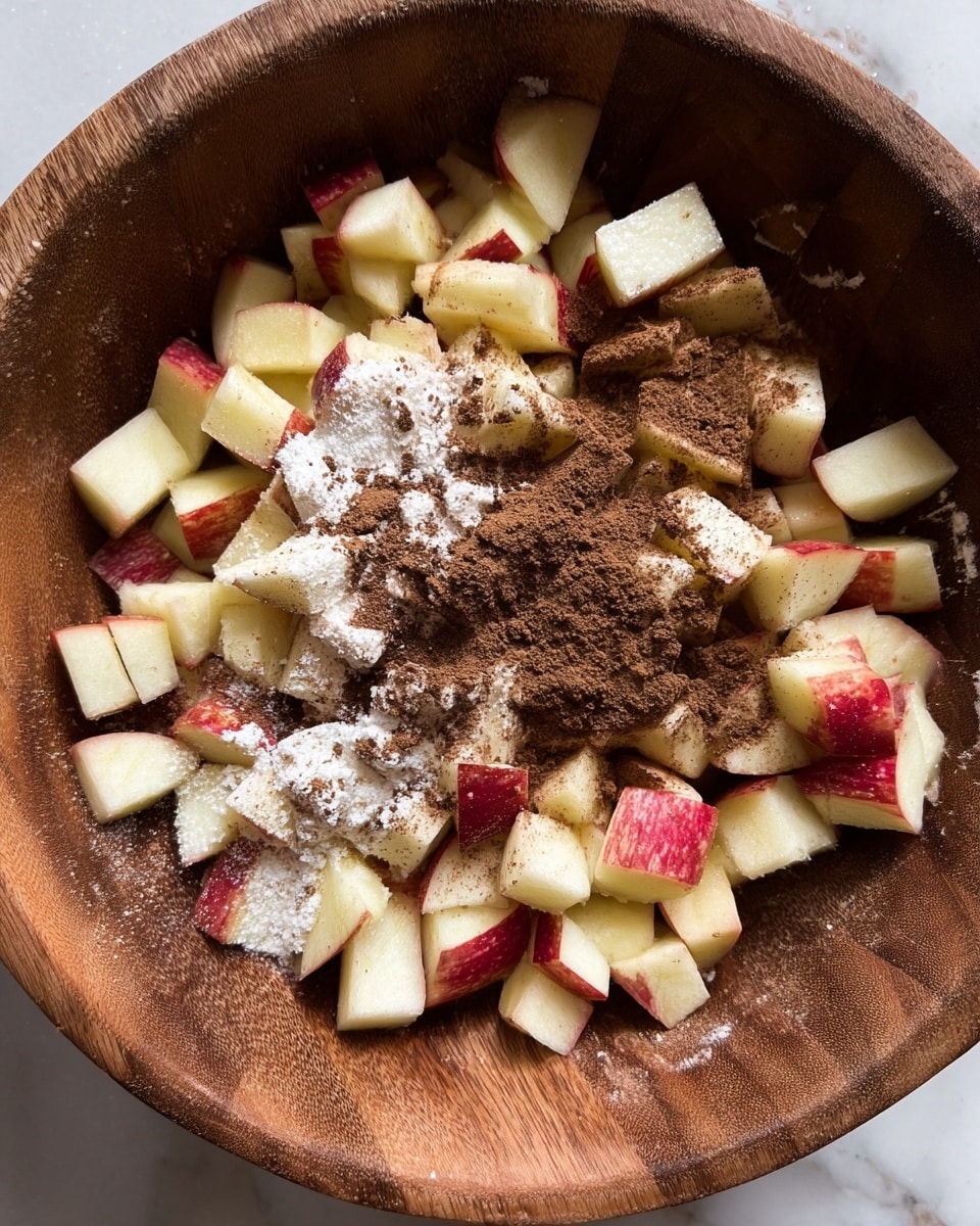 Inside a round wooden bowl, there are many small chopped pieces of red apple with white flesh. On top of the apples, there are two types of powders—one is white and fine, and the other is dark brown, almost like cinnamon. The powders rest unevenly over the apple pieces, and the wood grain of the bowl adds texture to the background. The photo is close up and taken on a white marbled surface. photo taken with an iphone --ar 4:5 --v 7