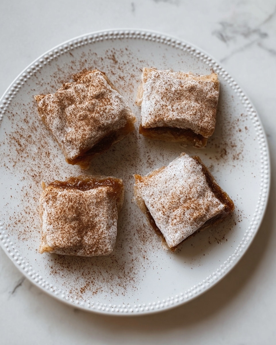 Four small square pieces of a dessert are placed on a white plate with a decorative edge. Each piece has two main layers: a translucent, thin outer layer dusted with a light brown powder, and a darker brown filling that can be seen through the translucent layer. The powder is also scattered on the plate around the pieces. The plate is set on a white marbled surface. Photo taken with an iphone --ar 4:5 --v 7