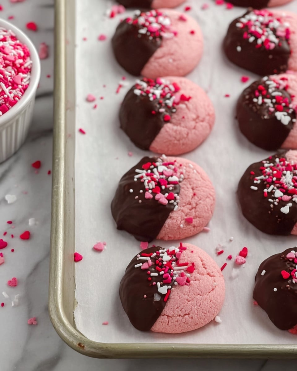 Round pink cookies with a soft texture are arranged on a baking tray lined with white parchment paper. Each cookie is dipped halfway in dark chocolate, creating a smooth, shiny brown layer on top. Bright small heart-shaped sprinkles in red, white, and pink colors are scattered over the chocolate half of the cookies and a few on the parchment around them. The background is a white marbled surface, and a white bowl filled with more heart-shaped sprinkles is visible on the left side. Photo taken with an iphone --ar 4:5 --v 7