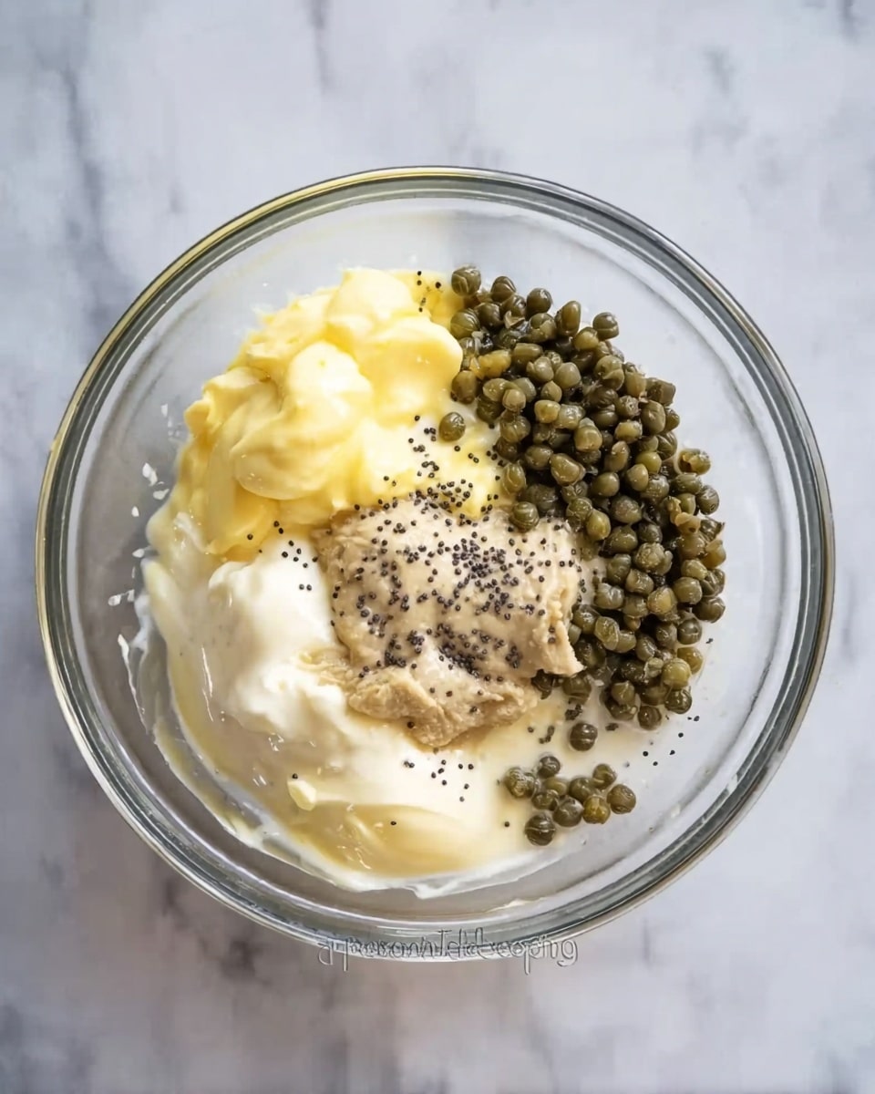 A clear glass bowl sits on a white marbled surface filled with several ingredients not yet mixed. The bowl contains a pile of small green capers on the right side, smooth yellow mayonnaise in soft mounds in the center, and a beige creamy paste slightly to the left. Around the edges, there are scattered dark poppy seeds contrasting with the pale sauces. The liquids and solid bits create a mix of textures and colors, with the glass bowl showing all layers clearly. photo taken with an iphone --ar 4:5 --v 7