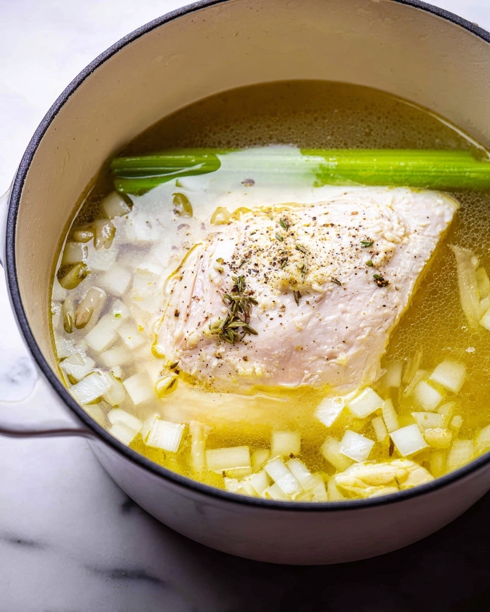 A white pot filled with clear broth with small white diced onions floating near the surface, a large pale piece of chicken partially submerged in the center, topped with a bit of black pepper and small pieces of pale yellow garlic. The broth has a light yellow oily sheen in some areas, and there is a green vegetable stalk visible near the top edge inside the broth. The pot is placed on a white marbled surface. Photo taken with an iphone --ar 4:5 --v 7