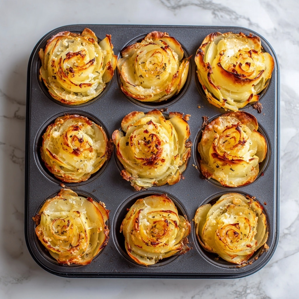 The image shows six baked potato roses inside a dark muffin tray, each made of thin potato slices. Each potato rose has several layers of pale yellow potato slices with curled, browned edges, giving a flower-like shape. The outer layers have a crispy, golden brown texture with small bits of seasoning visible. The middle of each rose is softer and lighter in color, creating a contrast with the darker, crispy edges. The muffin tray sits on a white marbled surface. Photo taken with an iphone --ar 4:5 --v 7
