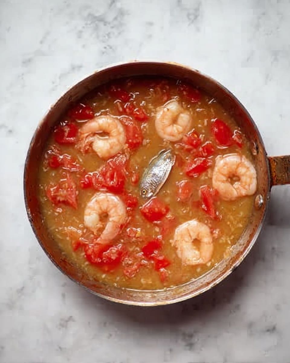 A close-up view of a round metallic pan filled with a light brown liquid sauce mixed with small pieces of chopped red tomatoes scattered evenly throughout. Five pink shrimp are visible on the surface, partly submerged in the sauce, with soft textures and slight shine. At the center, a small silver fish skin piece is floating in the middle of the sauce. The pan sits on a white marbled surface with subtle gray veins. Photo taken with an iphone --ar 4:5 --v 7