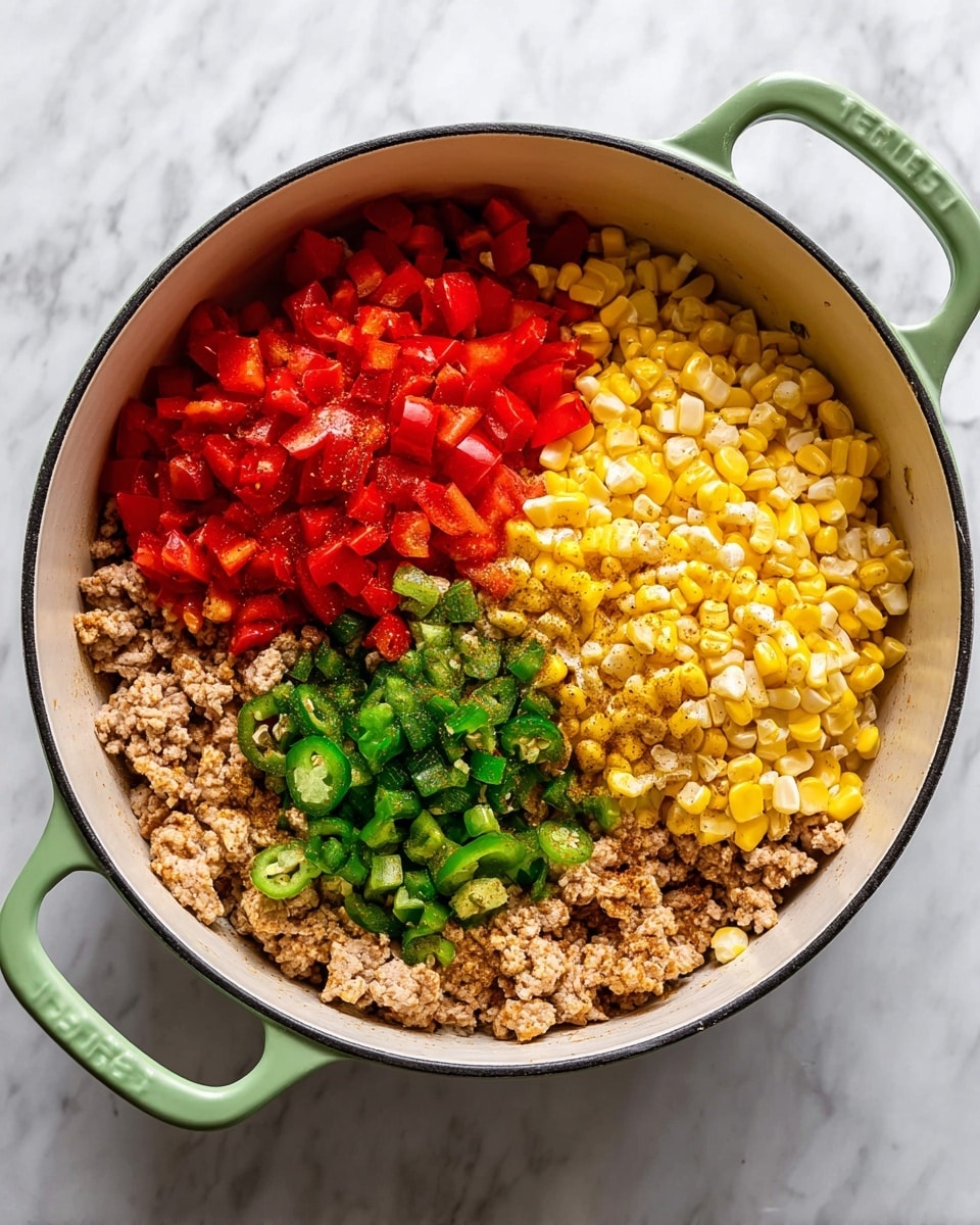 The image shows a white pot with a green handle on a white marbled surface. Inside the pot, there are four main ingredients layered side by side: at the bottom layer, cooked ground meat seasoned with brown spices, the top left contains bright red diced bell peppers, the top right shows a heap of yellow corn kernels, and the bottom middle has small pieces of green jalapeño peppers. The colors are vibrant and the textures vary from the soft cooked meat to the firm, fresh vegetables. Photo taken with an iphone --ar 4:5 --v 7