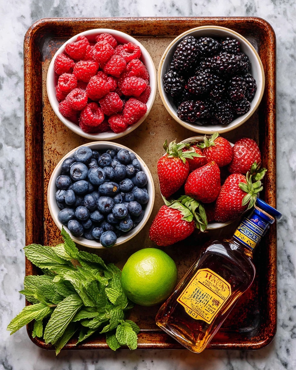A rusty metal tray holds four small white bowls arranged in a square. The top left bowl is filled with bright red raspberries, and the top right bowl is full of shiny black blackberries. The bottom left bowl contains plump, deep blue blueberries with a powdery surface, while the bottom right bowl is packed with vivid red strawberries with green tops. Scattered on the tray around the bowls are more strawberries, a fresh green lime in the center bottom, and a small bunch of green mint leaves on the bottom left corner. On the bottom right corner of the tray, there is a clear bottle of dark golden honey with a yellow label and a blue cap. The tray sits on a white marbled surface. photo taken with an iphone --ar 4:5 --v 7